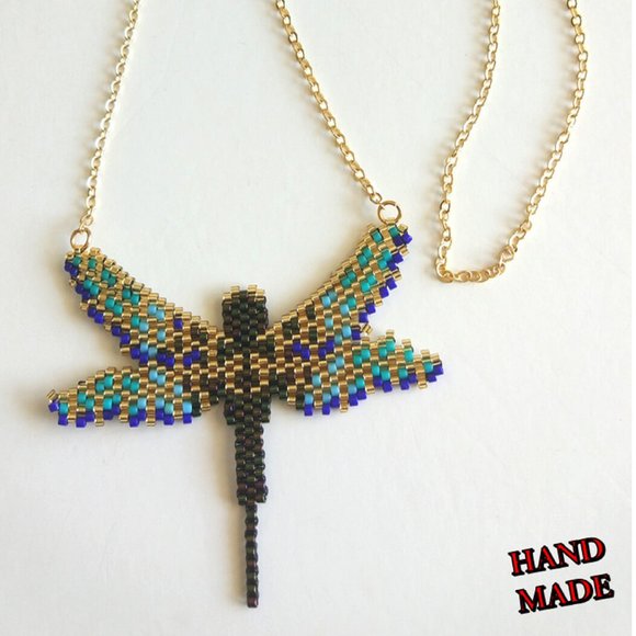 Dragonfly Beetle Miyuki Necklace Hand Made - Picture 1 of 3